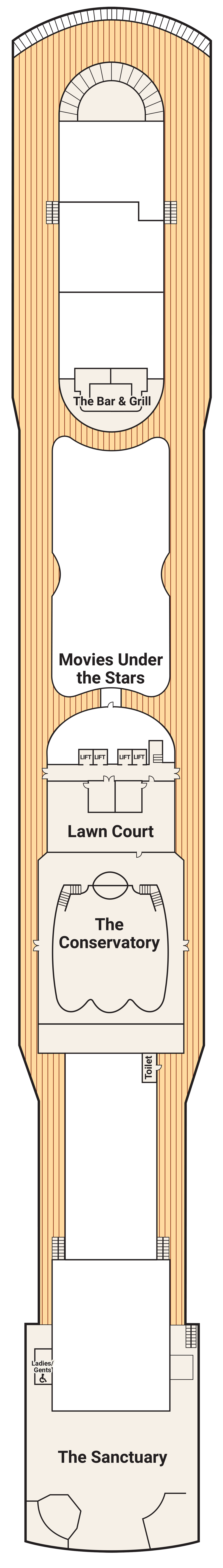 Island Princess Deck 15 — Bayou Café / Splash Pool / Center Court / Deck Chess plan